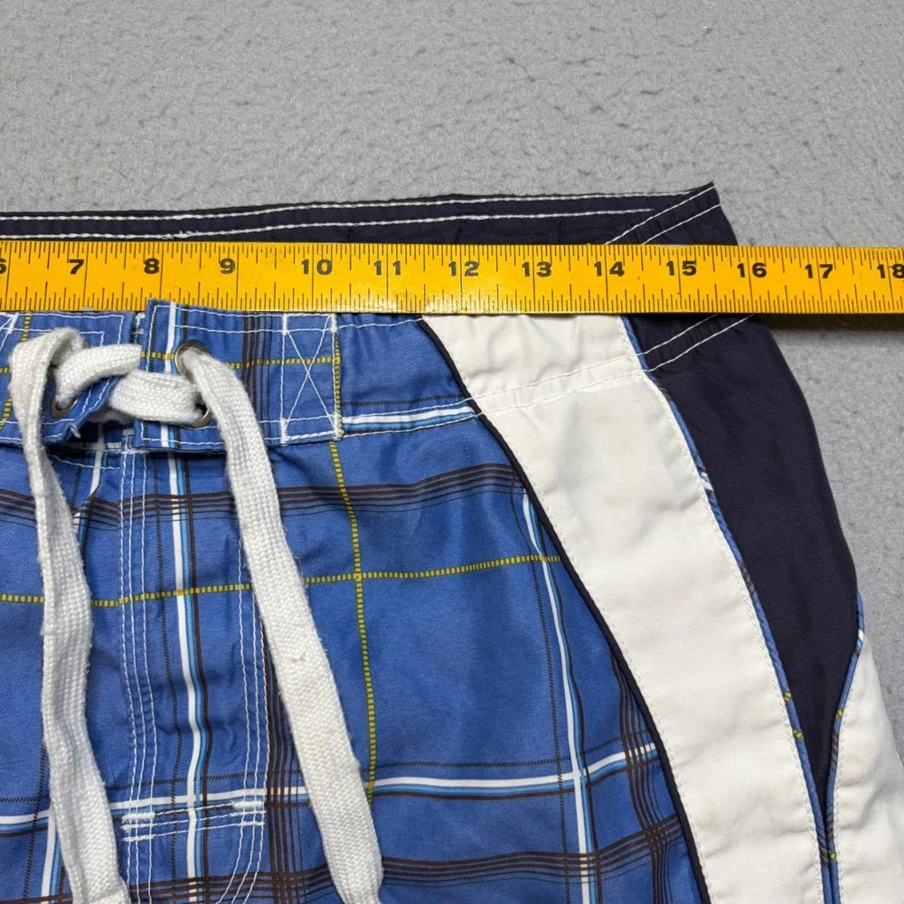 Ocean Pacific Board Shorts Mens Small Blue Plaid Y2K Cargo Swim Trunks